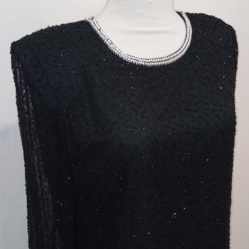 Vintage Lawrence Kazar Paris/New York Black Beaded Pearl Silk Blouse, Size 10 - Picture 4 of 11
